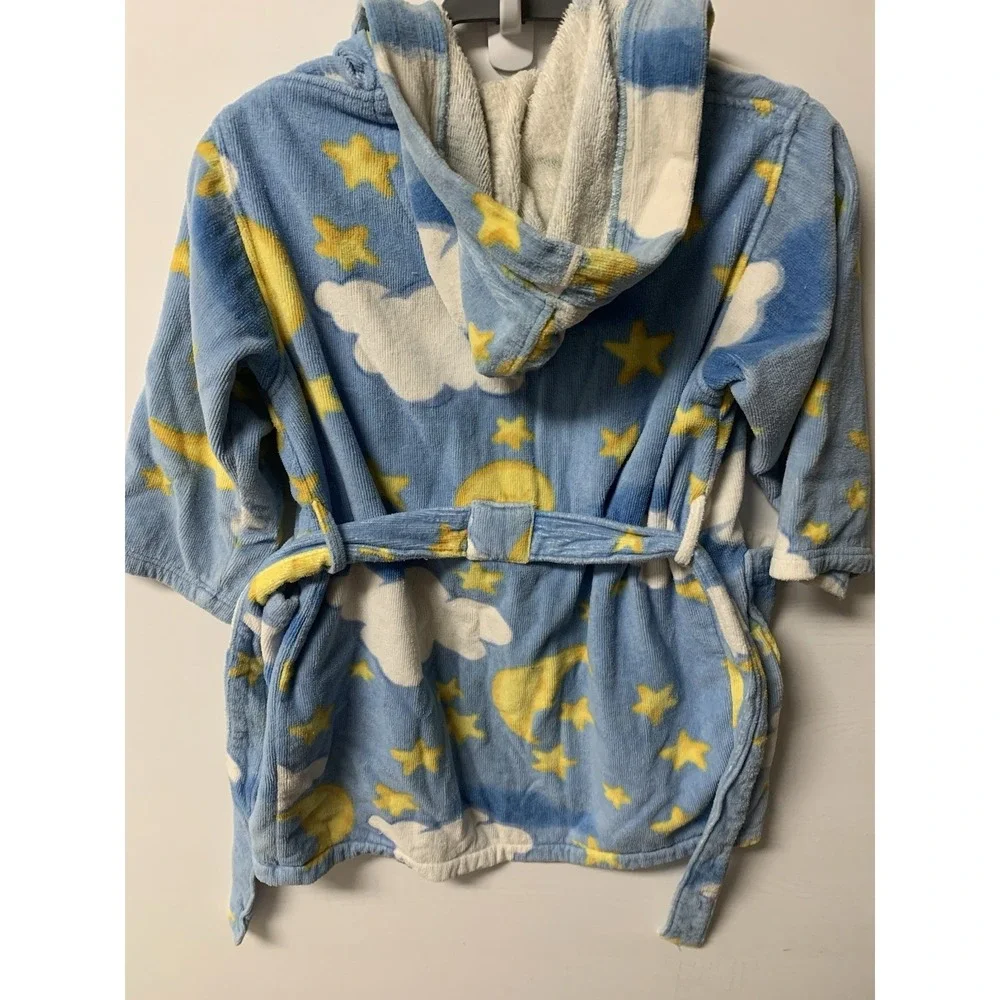 Bullfrogs & Butterflys Moon & Stars Robe Blue Large Belt Pocket Hood Terry Cloth